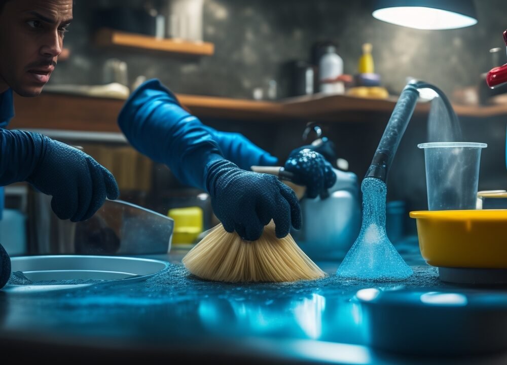 A homeowner wearing work gloves intensely focused while using a plunger on a clogged kitchen sink, surrounded by scattered cleaning tools and supplies, captured with cinematic lighting and a dramatic close-up angle highlighting determination and effort in rich, warm tones with shallow depth of field.