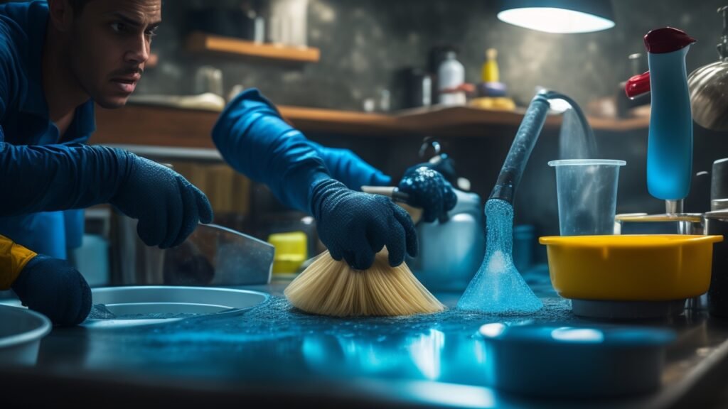 A homeowner wearing work gloves intensely focused while using a plunger on a clogged kitchen sink, surrounded by scattered cleaning tools and supplies, captured with cinematic lighting and a dramatic close-up angle highlighting determination and effort in rich, warm tones with shallow depth of field.