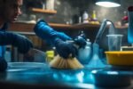 A homeowner wearing work gloves intensely focused while using a plunger on a clogged kitchen sink, surrounded by scattered cleaning tools and supplies, captured with cinematic lighting and a dramatic close-up angle highlighting determination and effort in rich, warm tones with shallow depth of field.