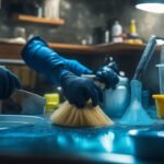A homeowner wearing work gloves intensely focused while using a plunger on a clogged kitchen sink, surrounded by scattered cleaning tools and supplies, captured with cinematic lighting and a dramatic close-up angle highlighting determination and effort in rich, warm tones with shallow depth of field.