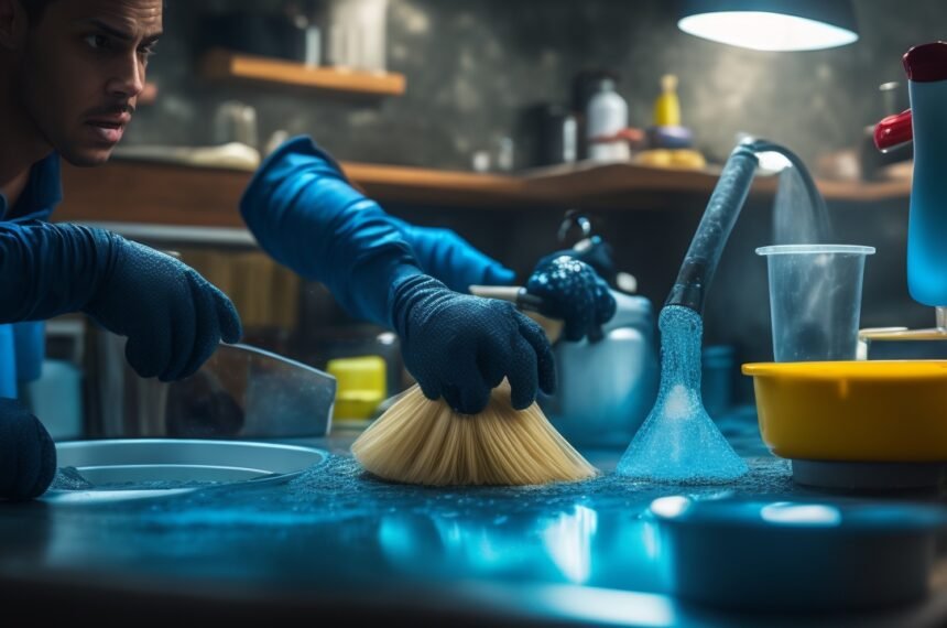 A homeowner wearing work gloves intensely focused while using a plunger on a clogged kitchen sink, surrounded by scattered cleaning tools and supplies, captured with cinematic lighting and a dramatic close-up angle highlighting determination and effort in rich, warm tones with shallow depth of field.