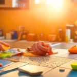 A person’s hands peeling and carefully applying a stylish peel-and-stick backsplash tile in a sunlit kitchen, surrounded by scattered tools and household items, with cinematic lighting and a shallow depth of field emphasizing focused determination and the simplicity of a quick, affordable DIY upgrade.