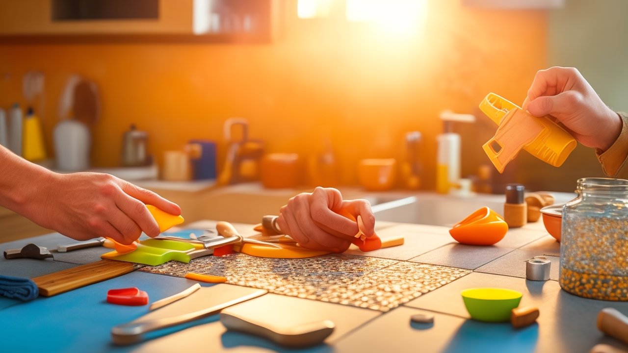 A person’s hands peeling and carefully applying a stylish peel-and-stick backsplash tile in a sunlit kitchen, surrounded by scattered tools and household items, with cinematic lighting and a shallow depth of field emphasizing focused determination and the simplicity of a quick, affordable DIY upgrade.