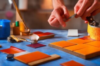 A focused close-up of a person’s hands carefully peeling adhesive backing off a stylish tile panel and applying it to a kitchen wall, surrounded by scattered tools like scissors and a level, illuminated with warm cinematic lighting and rich colors that highlight the texture of the backsplash and evoke a determined, creative DIY spirit in a realistic, editorial photographic style with shallow depth of field.