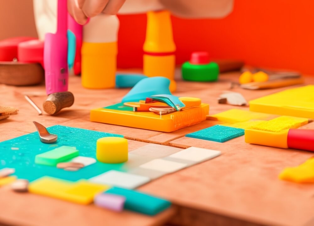 A close-up cinematic shot of determined hands carefully applying peel-and-stick backsplash tiles in a bright kitchen, surrounded by scattered DIY tools and open product packaging, with rich colors and shallow depth of field highlighting the texture and precision of the upgrade.