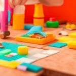 A close-up cinematic shot of determined hands carefully applying peel-and-stick backsplash tiles in a bright kitchen, surrounded by scattered DIY tools and open product packaging, with rich colors and shallow depth of field highlighting the texture and precision of the upgrade.