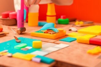 A close-up cinematic shot of determined hands carefully applying peel-and-stick backsplash tiles in a bright kitchen, surrounded by scattered DIY tools and open product packaging, with rich colors and shallow depth of field highlighting the texture and precision of the upgrade.