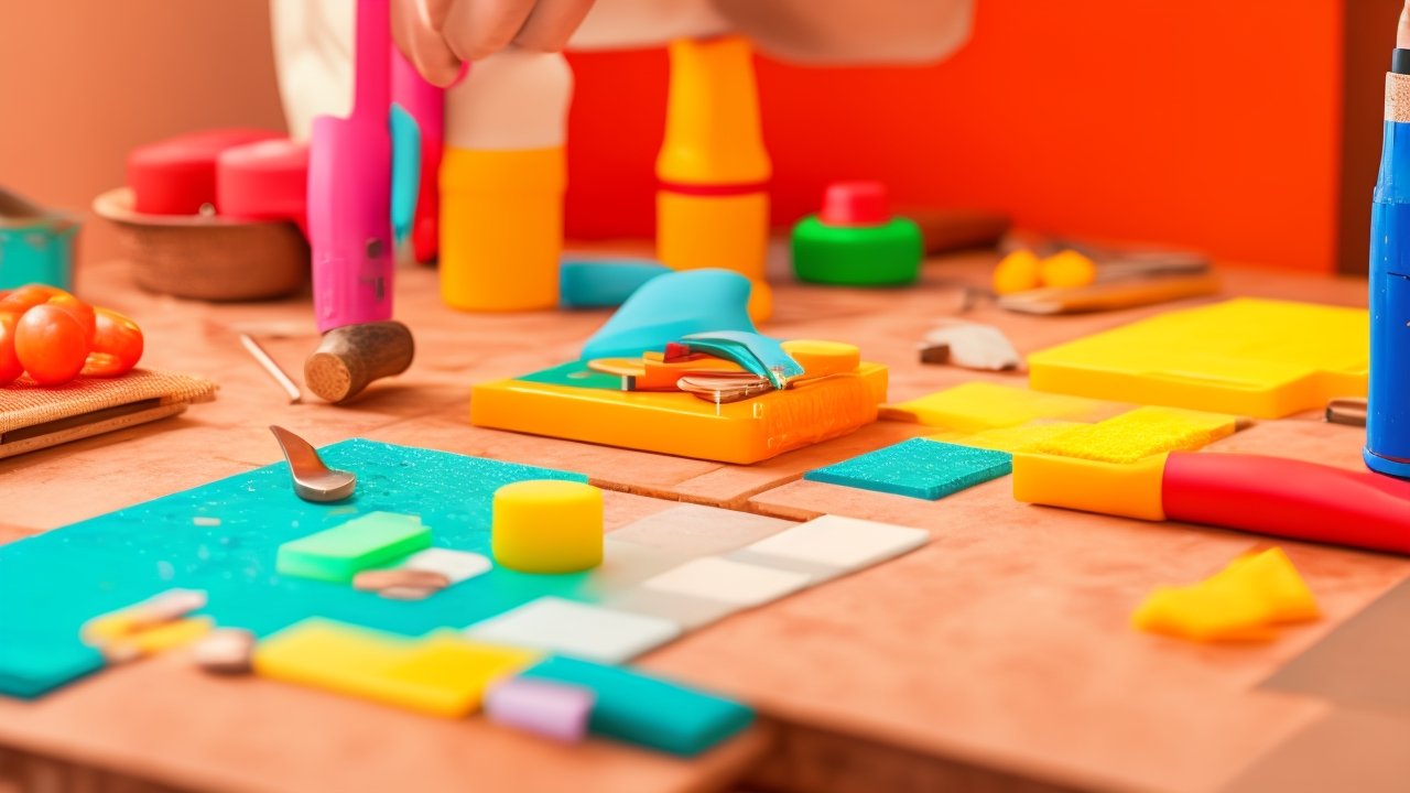 A close-up cinematic shot of determined hands carefully applying peel-and-stick backsplash tiles in a bright kitchen, surrounded by scattered DIY tools and open product packaging, with rich colors and shallow depth of field highlighting the texture and precision of the upgrade.