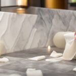 A person’s hands applying a sheet of peel-and-stick marble-effect backsplash tile to a kitchen wall with a plastic smoothing tool, bathed in warm cinematic lighting that highlights rich textures and subtle adhesive details, captured in a close-up editorial style with shallow depth of field and intense focus on the transformation in progress.