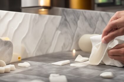 A person’s hands applying a sheet of peel-and-stick marble-effect backsplash tile to a kitchen wall with a plastic smoothing tool, bathed in warm cinematic lighting that highlights rich textures and subtle adhesive details, captured in a close-up editorial style with shallow depth of field and intense focus on the transformation in progress.