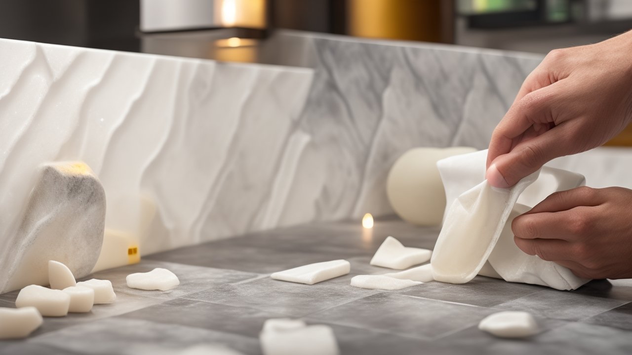 A person’s hands applying a sheet of peel-and-stick marble-effect backsplash tile to a kitchen wall with a plastic smoothing tool, bathed in warm cinematic lighting that highlights rich textures and subtle adhesive details, captured in a close-up editorial style with shallow depth of field and intense focus on the transformation in progress.