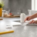 Cinematic close-up of determined hands carefully applying peel-and-stick backsplash tiles in a modern kitchen, with soft natural light highlighting the textured patterns and subtle adhesive backing, surrounded by DIY tools and measuring tape on a clean countertop, capturing the focused, empowering moment of a budget-friendly home transformation in progress.