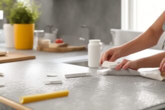 Cinematic close-up of determined hands carefully applying peel-and-stick backsplash tiles in a modern kitchen, with soft natural light highlighting the textured patterns and subtle adhesive backing, surrounded by DIY tools and measuring tape on a clean countertop, capturing the focused, empowering moment of a budget-friendly home transformation in progress.