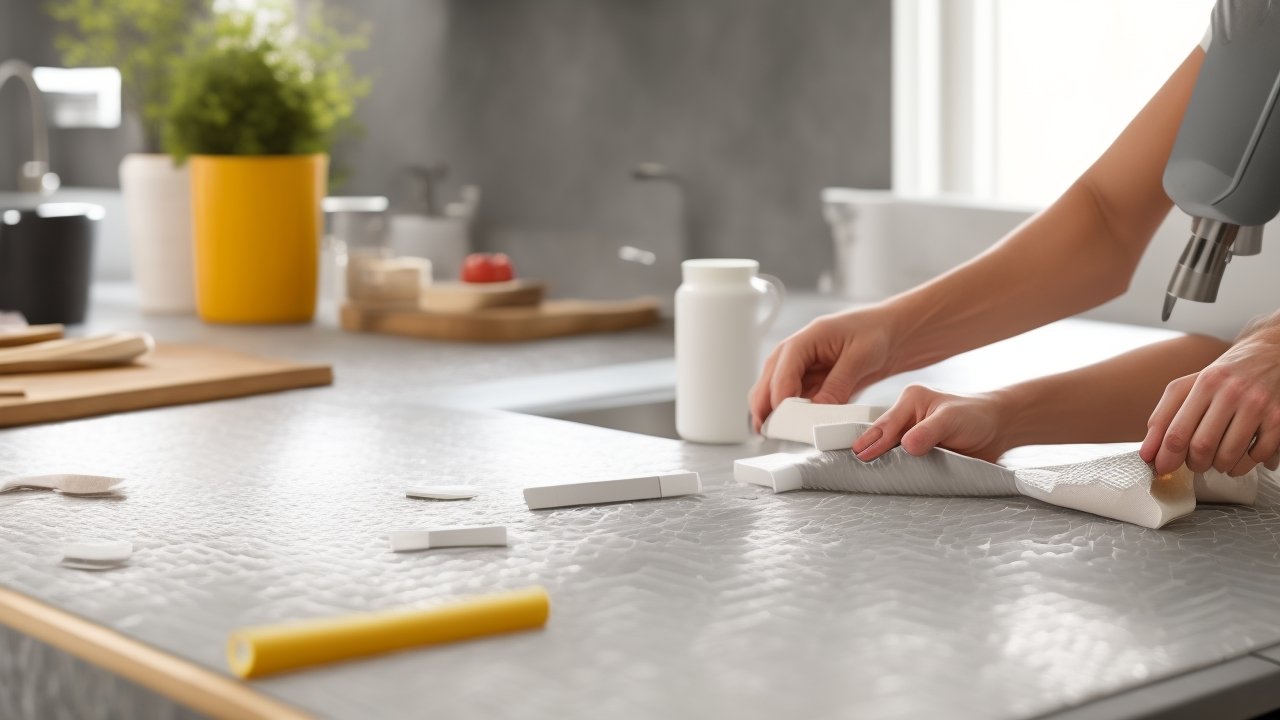 Cinematic close-up of determined hands carefully applying peel-and-stick backsplash tiles in a modern kitchen, with soft natural light highlighting the textured patterns and subtle adhesive backing, surrounded by DIY tools and measuring tape on a clean countertop, capturing the focused, empowering moment of a budget-friendly home transformation in progress.