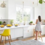 A bright, modern kitchen interior featuring a homeowner casually applying peel-and-stick marble backsplash tiles with minimal tools, bathed in natural light highlighting the ease and style of a DIY home upgrade.