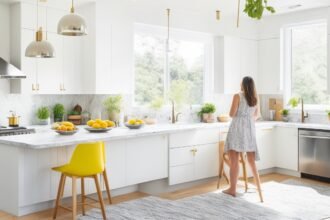 A bright, modern kitchen interior featuring a homeowner casually applying peel-and-stick marble backsplash tiles with minimal tools, bathed in natural light highlighting the ease and style of a DIY home upgrade.