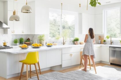 A bright, modern kitchen interior featuring a homeowner casually applying peel-and-stick marble backsplash tiles with minimal tools, bathed in natural light highlighting the ease and style of a DIY home upgrade.