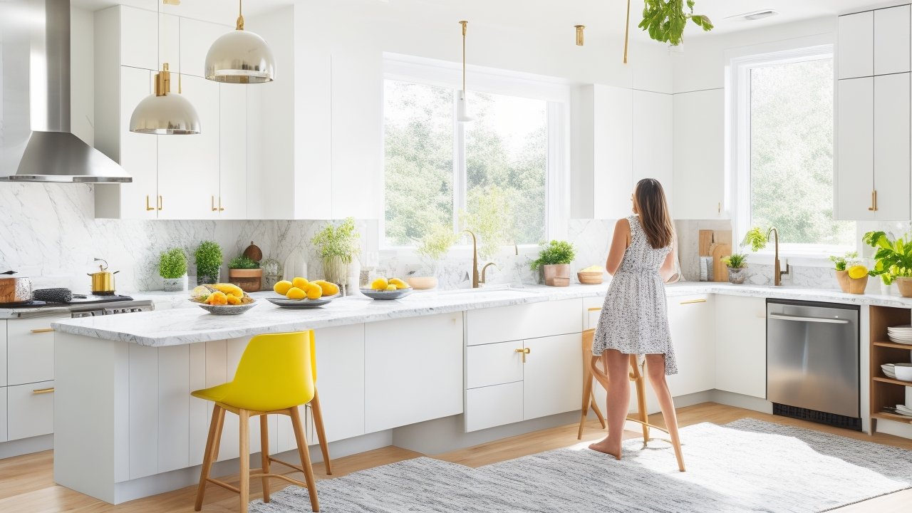 A bright, modern kitchen interior featuring a homeowner casually applying peel-and-stick marble backsplash tiles with minimal tools, bathed in natural light highlighting the ease and style of a DIY home upgrade.