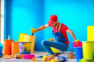 A determined homeowner in casual clothes carefully painting a vibrant accent wall with a roller, surrounded by paint cans, drop cloths, and painter’s tape, captured in cinematic lighting with a shallow depth of field and rich colors emphasizing the fresh paint texture and focused expression.