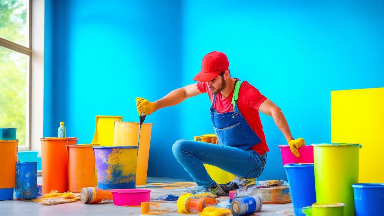 A determined homeowner in casual clothes carefully painting a vibrant accent wall with a roller, surrounded by paint cans, drop cloths, and painter’s tape, captured in cinematic lighting with a shallow depth of field and rich colors emphasizing the fresh paint texture and focused expression.