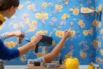 A determined homeowner’s hands carefully smoothing a stylish peel-and-stick wallpaper onto a brightly lit accent wall in a modern room, surrounded by scattered tools like a measuring tape, utility knife, and patterned wallpaper rolls, captured in cinematic lighting with rich colors and shallow depth of field to emphasize the focused DIY transformation moment