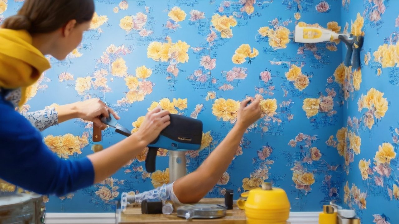 A determined homeowner’s hands carefully smoothing a stylish peel-and-stick wallpaper onto a brightly lit accent wall in a modern room, surrounded by scattered tools like a measuring tape, utility knife, and patterned wallpaper rolls, captured in cinematic lighting with rich colors and shallow depth of field to emphasize the focused DIY transformation moment
