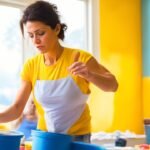 A focused shot of a determined homeowner mid-action painting a bright interior wall with a roller, surrounded by open paint cans, painter’s tape, and drop cloths, bathed in warm cinematic lighting with shallow depth of field capturing textured brush strokes and the satisfying transformation of the space, conveying empowerment and budget-friendly DIY success.