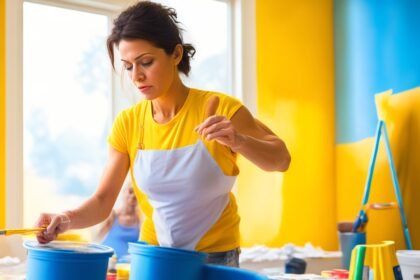 A focused shot of a determined homeowner mid-action painting a bright interior wall with a roller, surrounded by open paint cans, painter’s tape, and drop cloths, bathed in warm cinematic lighting with shallow depth of field capturing textured brush strokes and the satisfying transformation of the space, conveying empowerment and budget-friendly DIY success.