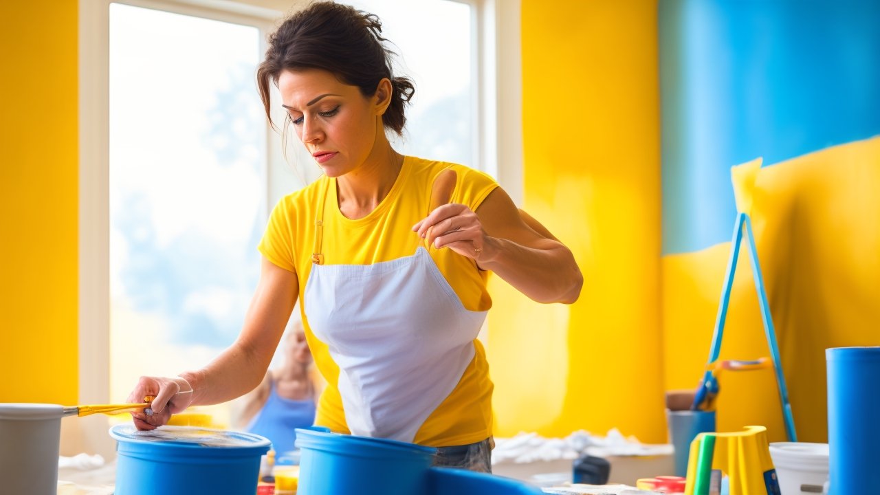 A focused shot of a determined homeowner mid-action painting a bright interior wall with a roller, surrounded by open paint cans, painter’s tape, and drop cloths, bathed in warm cinematic lighting with shallow depth of field capturing textured brush strokes and the satisfying transformation of the space, conveying empowerment and budget-friendly DIY success.