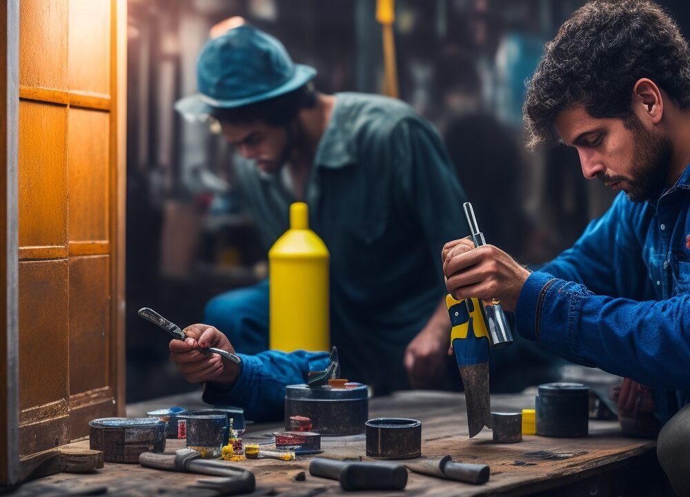 A determined homeowner in casual clothes intensely focused on replacing old door hardware with a screwdriver in hand, illuminated by warm cinematic lighting that highlights peeling paint and worn surfaces, surrounded by scattered tools and paint cans on a wooden floor, captured in a close-up, editorial-style shot with shallow depth of field and rich colors evoking a sense of hands-on transformation and budget-friendly home upgrade.