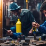 A determined homeowner in casual clothes intensely focused on replacing old door hardware with a screwdriver in hand, illuminated by warm cinematic lighting that highlights peeling paint and worn surfaces, surrounded by scattered tools and paint cans on a wooden floor, captured in a close-up, editorial-style shot with shallow depth of field and rich colors evoking a sense of hands-on transformation and budget-friendly home upgrade.
