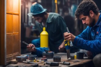 A determined homeowner in casual clothes intensely focused on replacing old door hardware with a screwdriver in hand, illuminated by warm cinematic lighting that highlights peeling paint and worn surfaces, surrounded by scattered tools and paint cans on a wooden floor, captured in a close-up, editorial-style shot with shallow depth of field and rich colors evoking a sense of hands-on transformation and budget-friendly home upgrade.