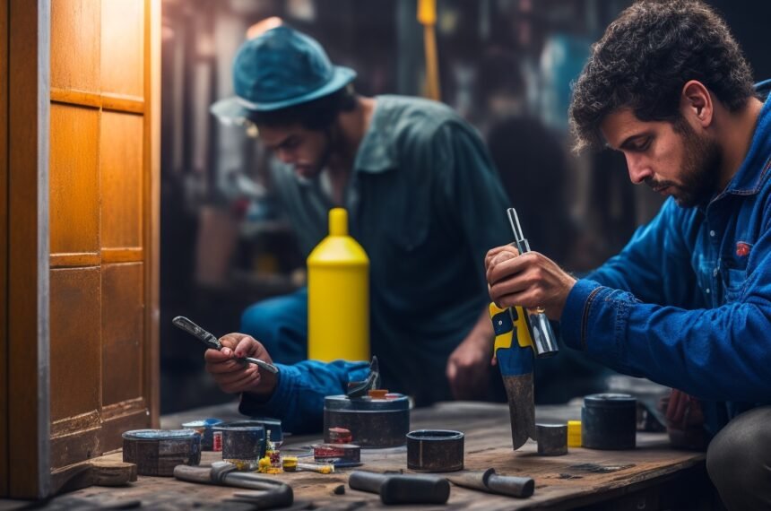A determined homeowner in casual clothes intensely focused on replacing old door hardware with a screwdriver in hand, illuminated by warm cinematic lighting that highlights peeling paint and worn surfaces, surrounded by scattered tools and paint cans on a wooden floor, captured in a close-up, editorial-style shot with shallow depth of field and rich colors evoking a sense of hands-on transformation and budget-friendly home upgrade.