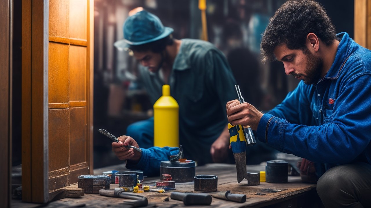 A determined homeowner in casual clothes intensely focused on replacing old door hardware with a screwdriver in hand, illuminated by warm cinematic lighting that highlights peeling paint and worn surfaces, surrounded by scattered tools and paint cans on a wooden floor, captured in a close-up, editorial-style shot with shallow depth of field and rich colors evoking a sense of hands-on transformation and budget-friendly home upgrade.