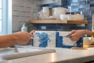 Cinematic, editorial-style close-up of determined hands carefully applying stylish peel-and-stick backsplash tiles in a bright kitchen, featuring realistic textures, crisp edges, dramatic lighting, and a shallow depth of field that highlights the transformation process and the satisfaction of budget-friendly DIY home improvement.