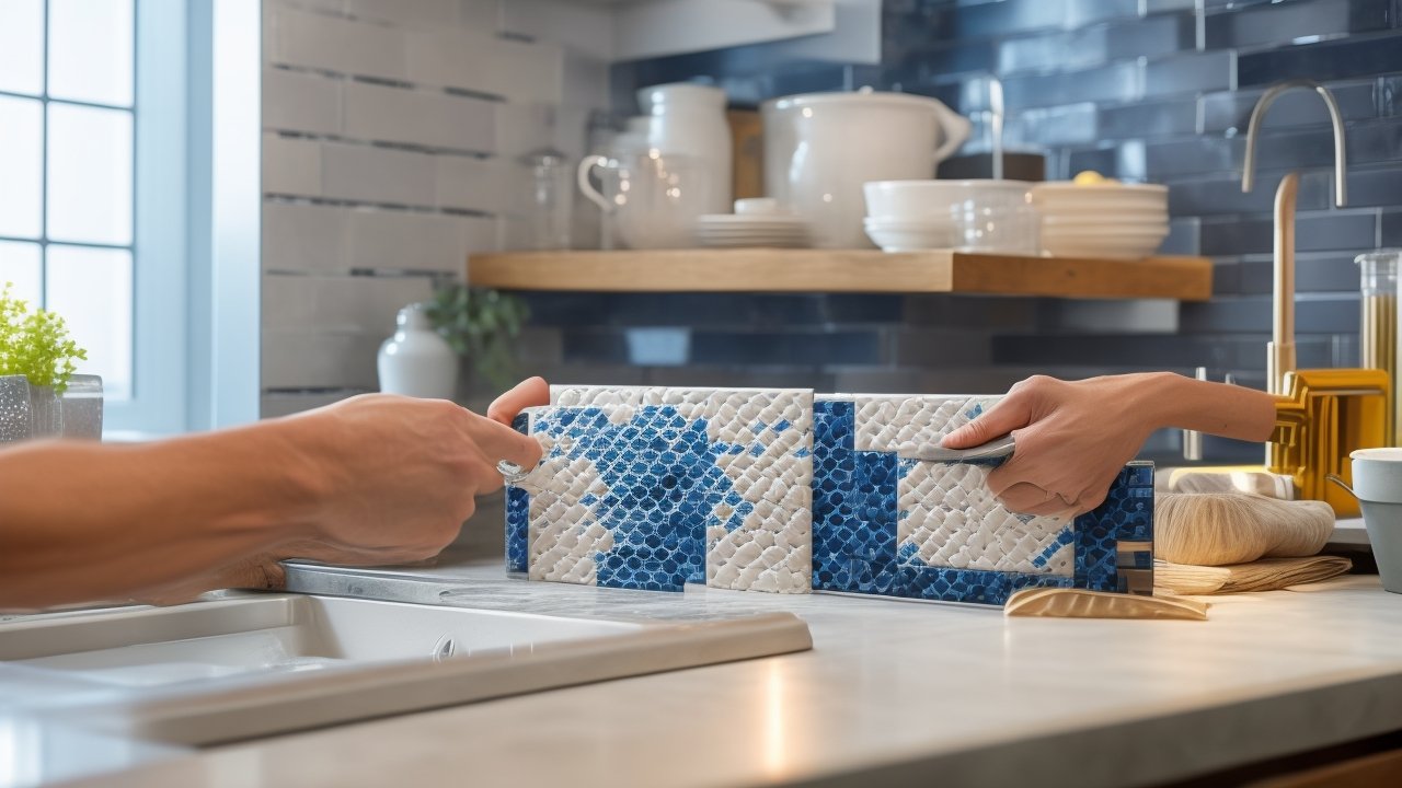 Cinematic, editorial-style close-up of determined hands carefully applying stylish peel-and-stick backsplash tiles in a bright kitchen, featuring realistic textures, crisp edges, dramatic lighting, and a shallow depth of field that highlights the transformation process and the satisfaction of budget-friendly DIY home improvement.