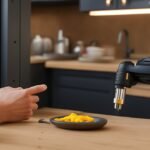 A determined homeowner’s hands gripping a cordless drill while installing modern matte black cabinet knobs in a warmly lit kitchen, captured with cinematic lighting and shallow depth of field highlighting the textured wood and sleek hardware, evoking focused effort and budget-friendly DIY transformation.