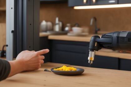 A determined homeowner’s hands gripping a cordless drill while installing modern matte black cabinet knobs in a warmly lit kitchen, captured with cinematic lighting and shallow depth of field highlighting the textured wood and sleek hardware, evoking focused effort and budget-friendly DIY transformation.