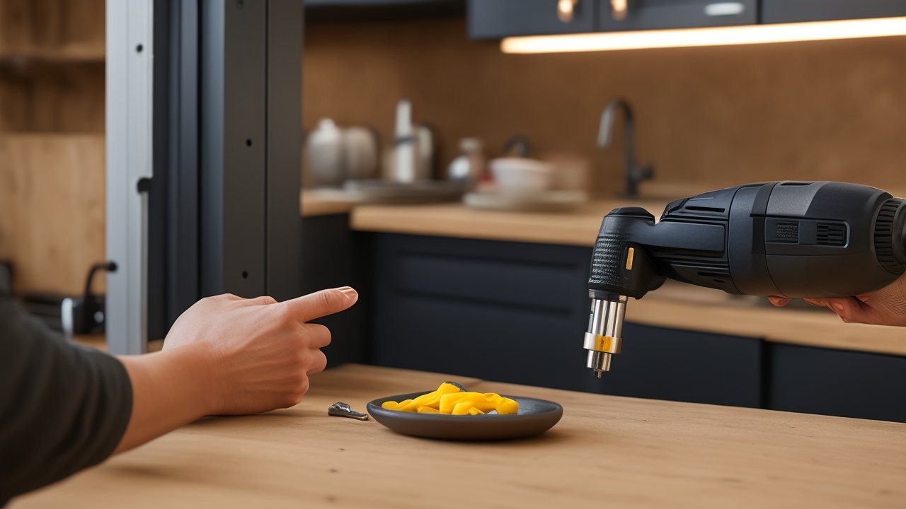 A determined homeowner’s hands gripping a cordless drill while installing modern matte black cabinet knobs in a warmly lit kitchen, captured with cinematic lighting and shallow depth of field highlighting the textured wood and sleek hardware, evoking focused effort and budget-friendly DIY transformation.