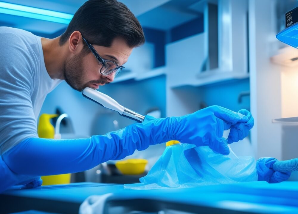 A determined homeowner wearing gloves and focused intently as they carefully clean dust and debris from refrigerator coils using a small vacuum hose and toothbrush, captured in cinematic lighting with a shallow depth of field and rich colors, emphasizing the hands-on effort and budget-friendly DIY appliance maintenance in a modern kitchen setting.