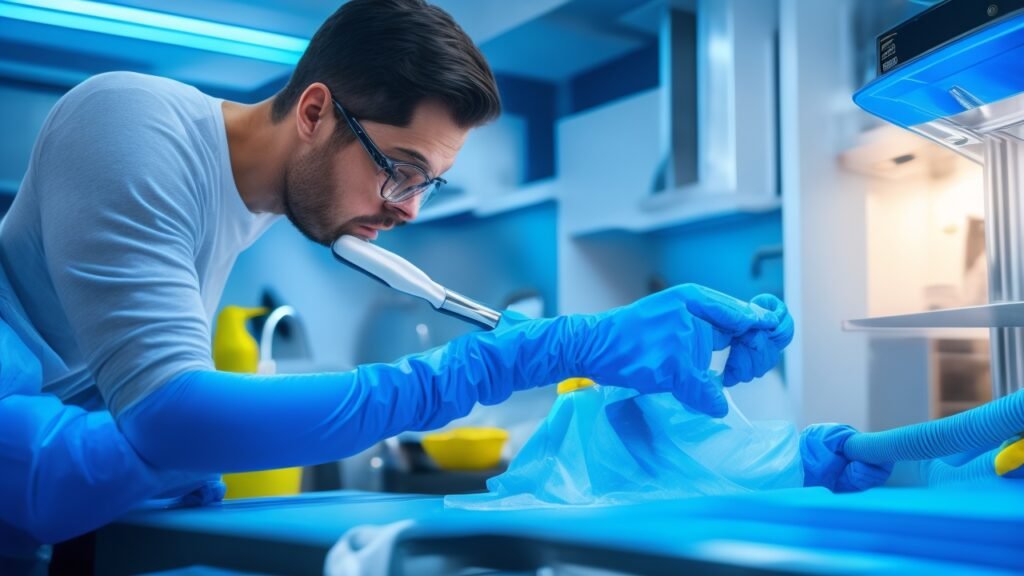 A determined homeowner wearing gloves and focused intently as they carefully clean dust and debris from refrigerator coils using a small vacuum hose and toothbrush, captured in cinematic lighting with a shallow depth of field and rich colors, emphasizing the hands-on effort and budget-friendly DIY appliance maintenance in a modern kitchen setting.
