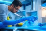 A determined homeowner wearing gloves and focused intently as they carefully clean dust and debris from refrigerator coils using a small vacuum hose and toothbrush, captured in cinematic lighting with a shallow depth of field and rich colors, emphasizing the hands-on effort and budget-friendly DIY appliance maintenance in a modern kitchen setting.