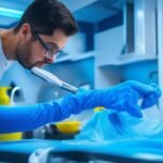 A determined homeowner wearing gloves and focused intently as they carefully clean dust and debris from refrigerator coils using a small vacuum hose and toothbrush, captured in cinematic lighting with a shallow depth of field and rich colors, emphasizing the hands-on effort and budget-friendly DIY appliance maintenance in a modern kitchen setting.