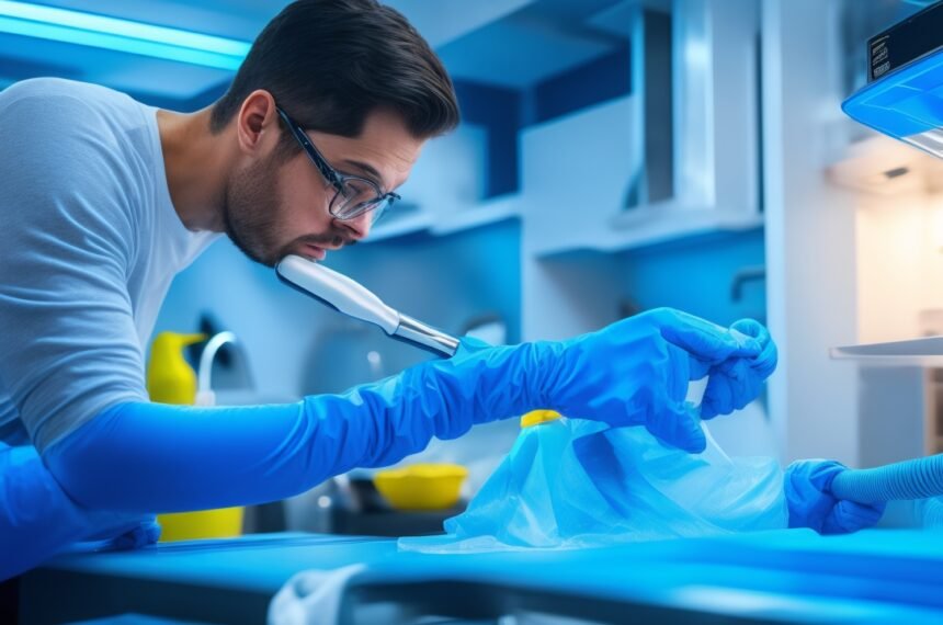 A determined homeowner wearing gloves and focused intently as they carefully clean dust and debris from refrigerator coils using a small vacuum hose and toothbrush, captured in cinematic lighting with a shallow depth of field and rich colors, emphasizing the hands-on effort and budget-friendly DIY appliance maintenance in a modern kitchen setting.