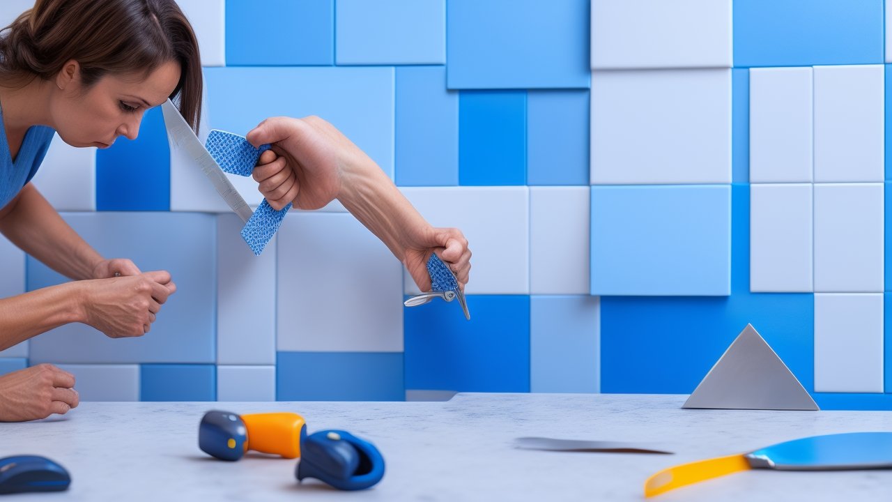 A determined homeowner’s hands carefully peeling and aligning modern geometric peel-and-stick backsplash tiles on a kitchen wall, surrounded by scissors, a tape measure, and a utility knife, captured in cinematic lighting with rich colors and shallow depth of field for an intense, editorial close-up moment of DIY transformation.