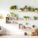 A bright, modern living room wall featuring newly installed minimalist floating wooden shelves adorned with neatly arranged books, small potted plants, and decorative objects, bathed in soft natural light highlighting a clean, stylish DIY home improvement project.