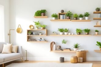 A bright, modern living room wall featuring newly installed minimalist floating wooden shelves adorned with neatly arranged books, small potted plants, and decorative objects, bathed in soft natural light highlighting a clean, stylish DIY home improvement project.