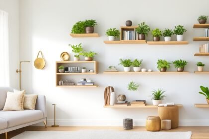 A bright, modern living room wall featuring newly installed minimalist floating wooden shelves adorned with neatly arranged books, small potted plants, and decorative objects, bathed in soft natural light highlighting a clean, stylish DIY home improvement project.