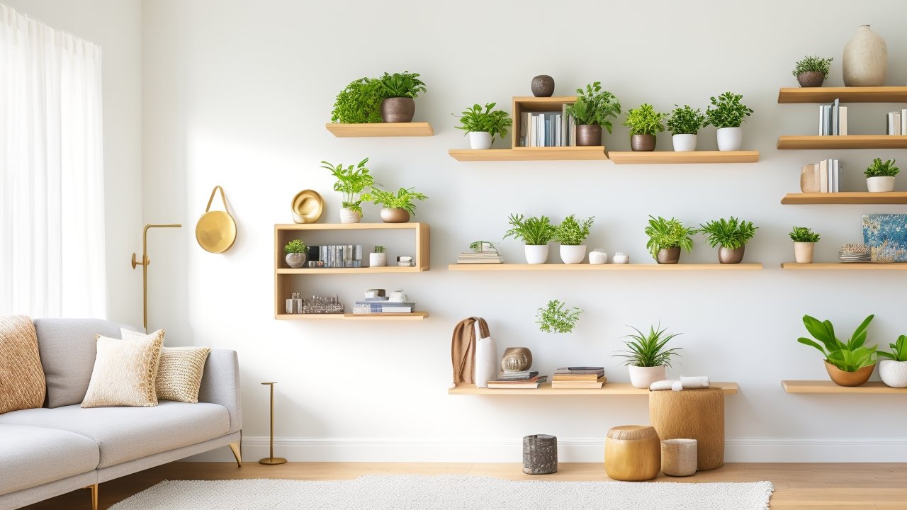 A bright, modern living room wall featuring newly installed minimalist floating wooden shelves adorned with neatly arranged books, small potted plants, and decorative objects, bathed in soft natural light highlighting a clean, stylish DIY home improvement project.