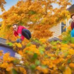 A determined homeowner wearing gloves and safety goggles climbs a sturdy ladder beside a suburban house, hands actively scooping wet leaves and debris from a clogged gutter under warm, cinematic lighting with rich colors and shallow depth of field, capturing the focused effort and moment of hands-on DIY home maintenance against a softly blurred background